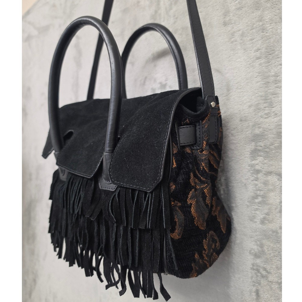 Boho Tapestry Fringe Black Suede Satchel Crossbody Bag Sam Edelman Floral Bronze
